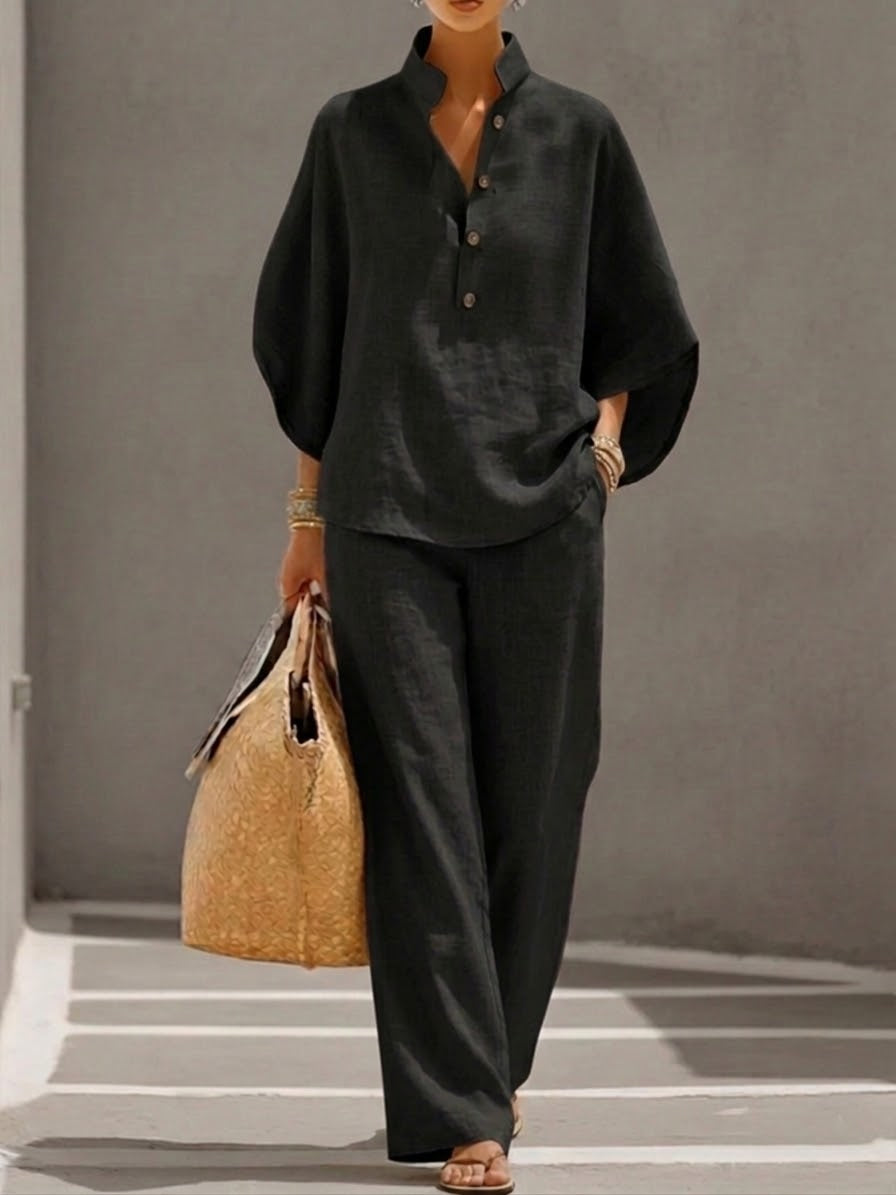 Mariel™ | Conjunto de Lino Fluido con Mangas Murciélago