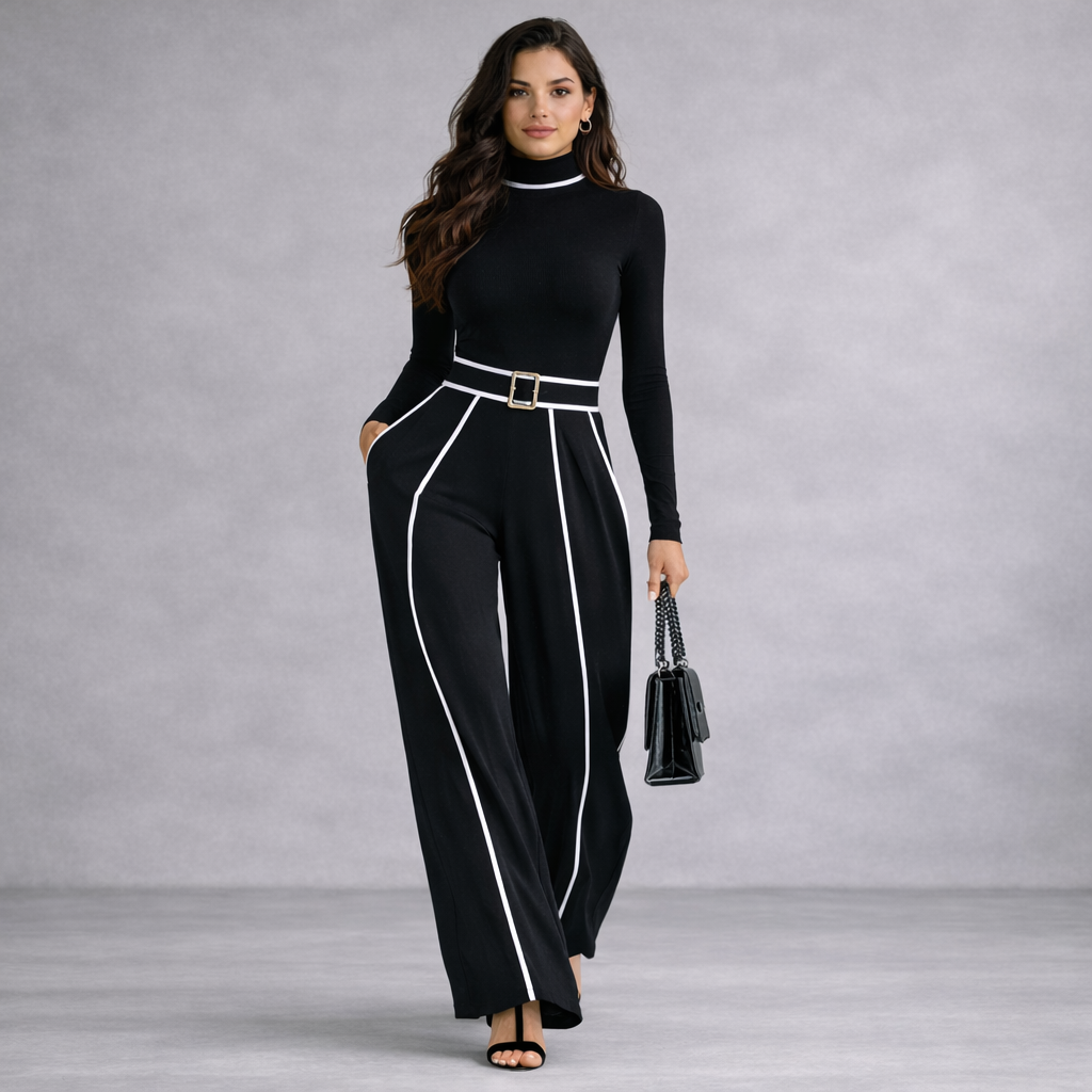 Lorenza - Conjunto negro con ribetes blancos y cinturón