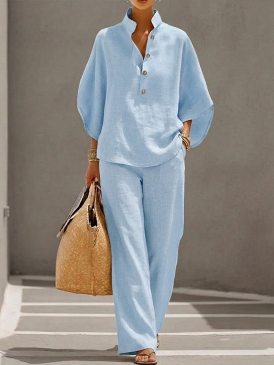 Mariel™ | Conjunto de Lino Fluido con Mangas Murciélago